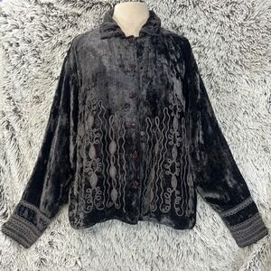 Crushed‎ Velvet Long Sleeve Bohemian Indie Embroidered Whimsygoth Shirt Brown L